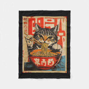 Vintage Cat Eating Ramen Noodles Japanese Art Fleece Blanket