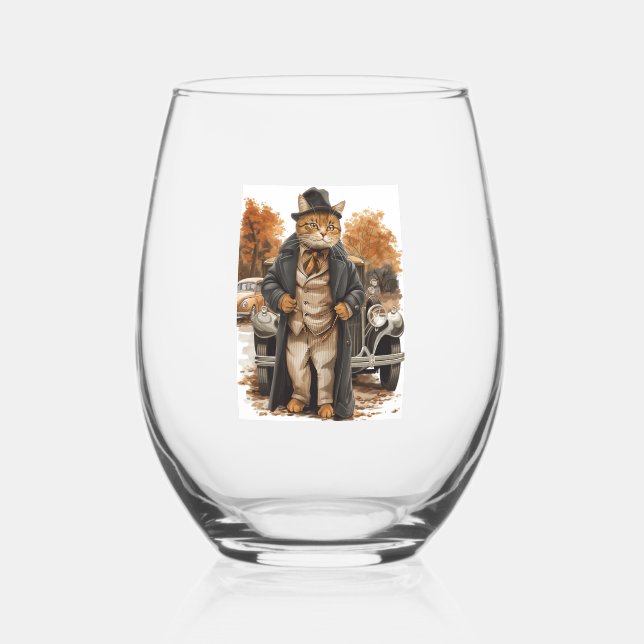 Vintage Cat Elegance Stemless Wine Glass (Front)