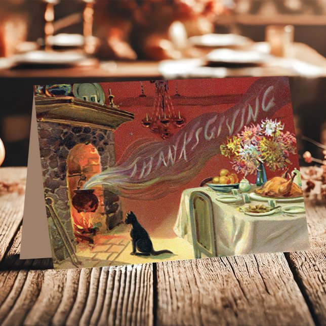 Vintage Cat Fireplace Turkey Dinner Thanksgiving Holiday Card (Creator Uploaded)