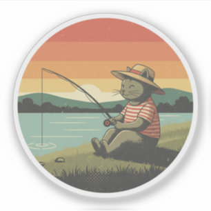 Vintage Cat Fishing at Sunset - Retro Angler