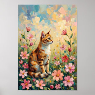 Vintage Cat Garden Floral Art Poster
