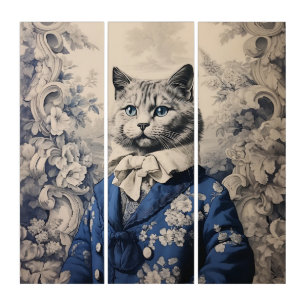 Vintage Cat Gentleman Toile de Jouy Chaton Noble Triptych