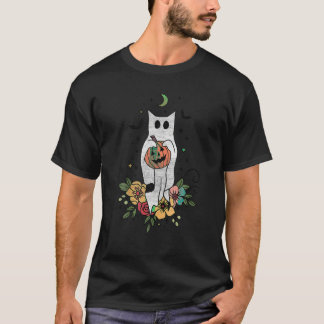 Vintage Cat Ghost Halloween Floral Groovy Pumpkin  T-Shirt