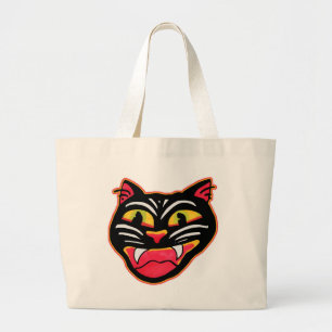 Vintage Cat Halloween Art Cartoon Spooky Vibes Large Tote Bag
