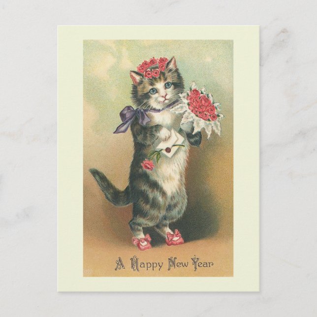 "Vintage Cat Happy New Year" Postcard (Front)