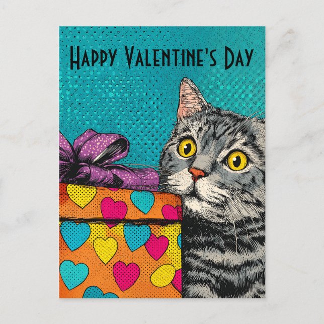 Vintage Cat & Heart Gift Box Valentine's Day Postcard (Front)