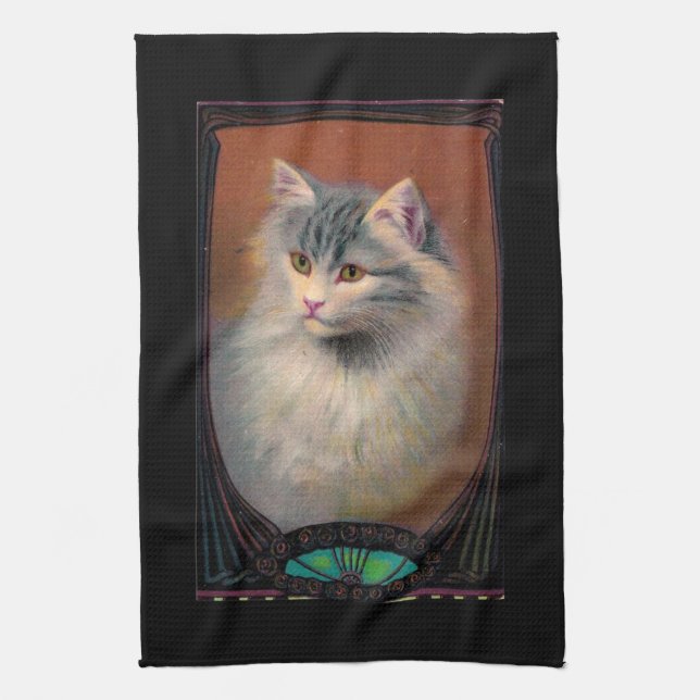 Vintage cat illustration art nouveau elegant tea towel (Vertical)