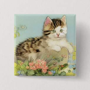Vintage Cat Illustration with Pink Flowers 15 Cm Square Badge