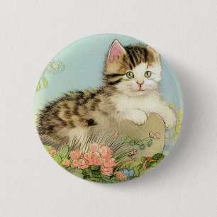 Vintage Cat Illustration with Pink Flowers 6 Cm Round Badge
