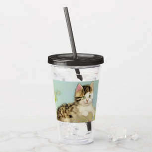 Vintage Cat Illustration with Pink Flowers Acrylic Tumbler