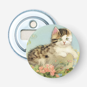 Vintage Cat Illustration with Pink Flowers Bottle Opener