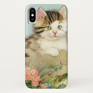 Vintage Cat Illustration with Pink Flowers iPhone X Case