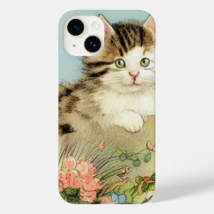 Vintage Cat Illustration with Pink Flowers Case-Mate iPhone 14 Case