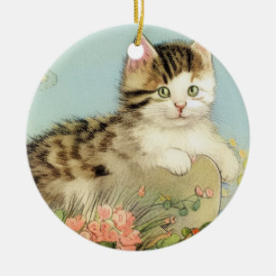Vintage Cat Illustration with Pink Flowers Ceramic Tree Decoration