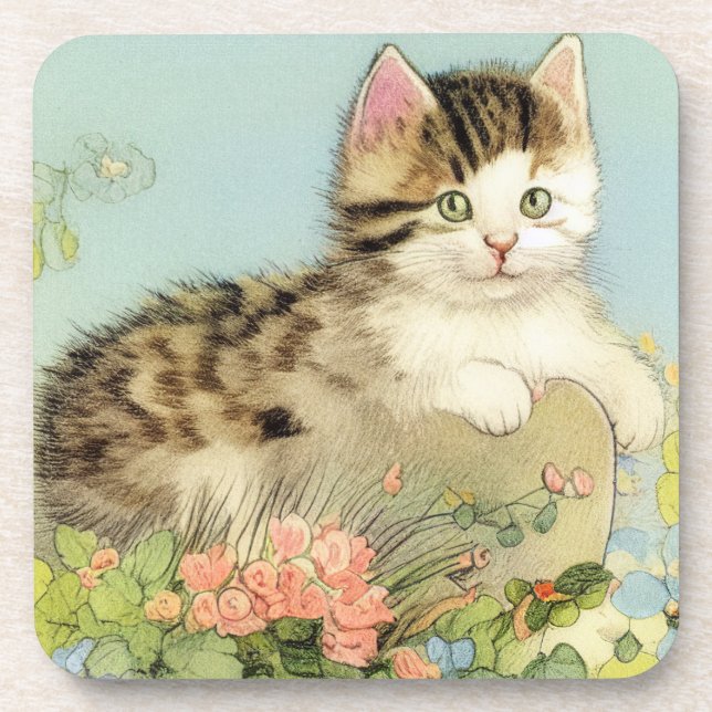 Vintage Cat Illustration with Pink Flowers Coaster (Front)