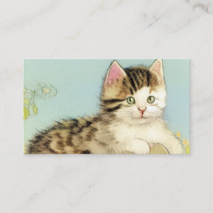 Vintage Cat Illustration with Pink Flowers Enclosure Card