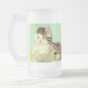 Vintage Cat Illustration with Pink Flowers Frosted Glass Beer Mug