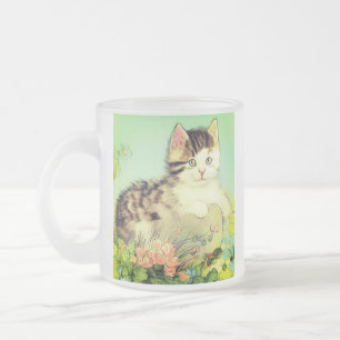Vintage Cat Illustration with Pink Flowers Frosted Glass Coffee Mug