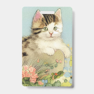 Vintage Cat Illustration with Pink Flowers ID Badge