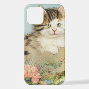 Vintage Cat Illustration with Pink Flowers iPhone 12 Case