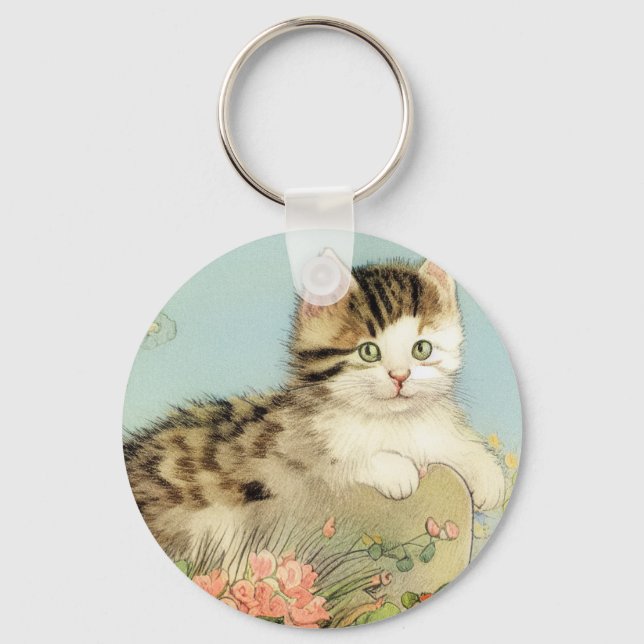 Vintage Cat Illustration with Pink Flowers Key Ring (Front)