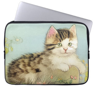 Vintage Cat Illustration with Pink Flowers Laptop Sleeve