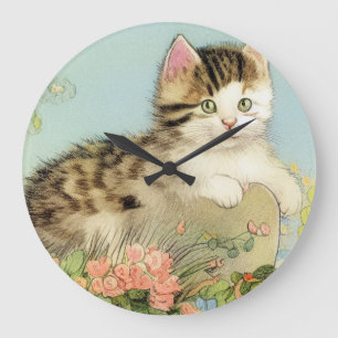 Vintage Cat Illustration with Pink Flowers Large Clock