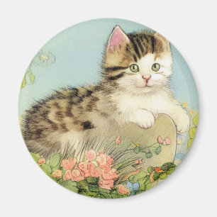 Vintage Cat Illustration with Pink Flowers Magnet