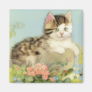 Vintage Cat Illustration with Pink Flowers Magnet