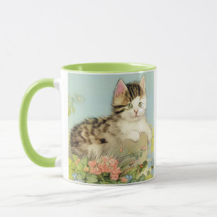 Vintage Cat Illustration with Pink Flowers Mug