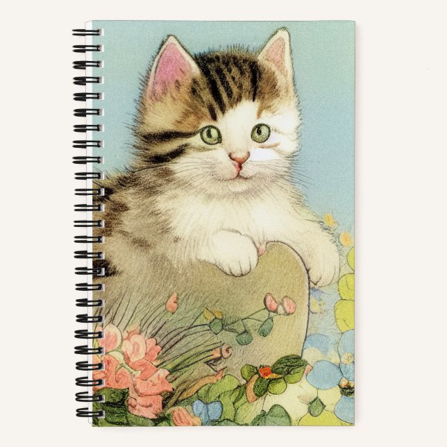 Vintage Cat Illustration with Pink Flowers Notebook (Front)