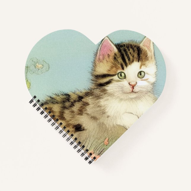 Vintage Cat Illustration with Pink Flowers Notebook (Front)