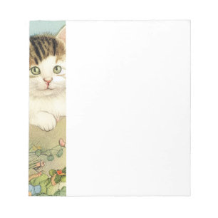 Vintage Cat Illustration with Pink Flowers Notepad