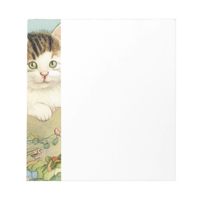 Vintage Cat Illustration with Pink Flowers Notepad (Front)