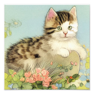 Vintage Cat Illustration with Pink Flowers Photo Print