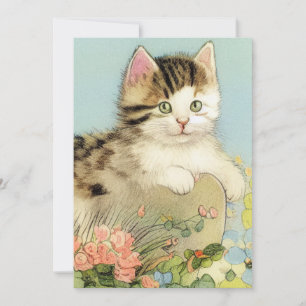 Vintage Cat Illustration with Pink Flowers Save The Date