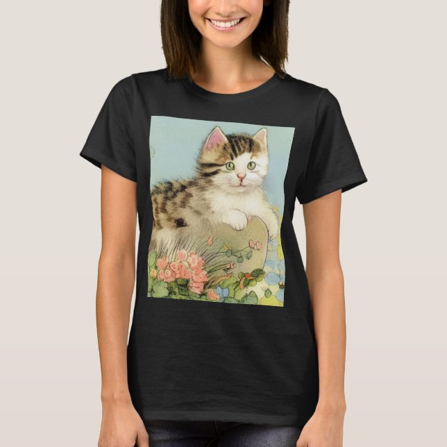 Vintage Cat Illustration with Pink Flowers T-Shirt (Front)