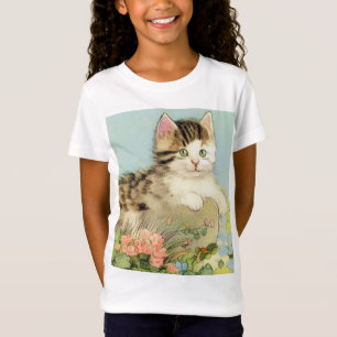 Vintage Cat Illustration with Pink Flowers T-Shirt
