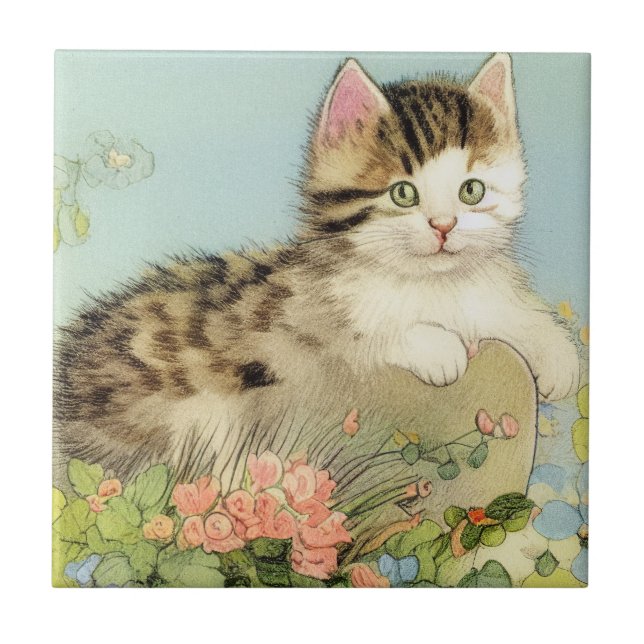 Vintage Cat Illustration with Pink Flowers Tile (Front)