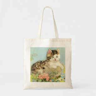 Vintage Cat Illustration with Pink Flowers Tote Bag