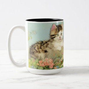 Vintage Cat Illustration with Pink Flowers Two-Tone Coffee Mug
