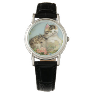 Vintage Cat Illustration with Pink Flowers Watch