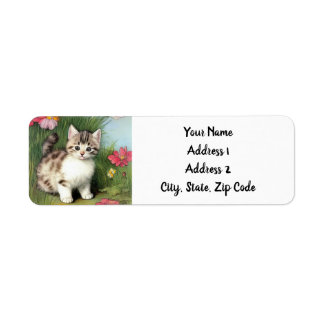 Vintage Cat Illustration with Red Flowers