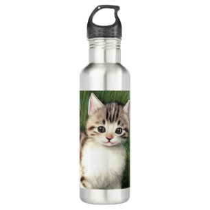 Vintage Cat Illustration with Red Flowers 710 Ml Water Bottle