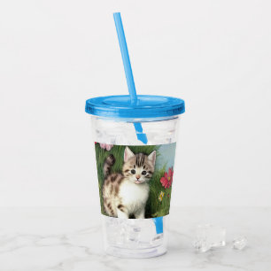 Vintage Cat Illustration with Red Flowers Acrylic Tumbler