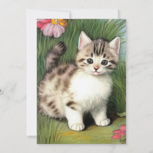 Vintage Cat Illustration with Red Flowers Announcement