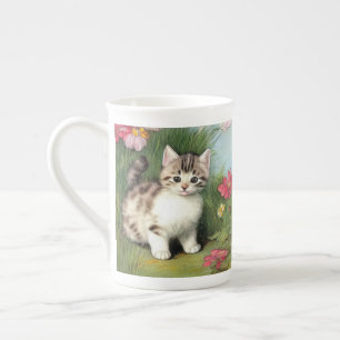 Vintage Cat Illustration with Red Flowers Bone China Mug