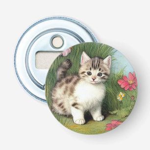 Vintage Cat Illustration with Red Flowers Bottle Opener