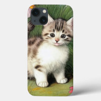 Vintage Cat Illustration with Red Flowers