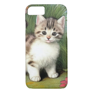Vintage Cat Illustration with Red Flowers iPhone 8/7 Case